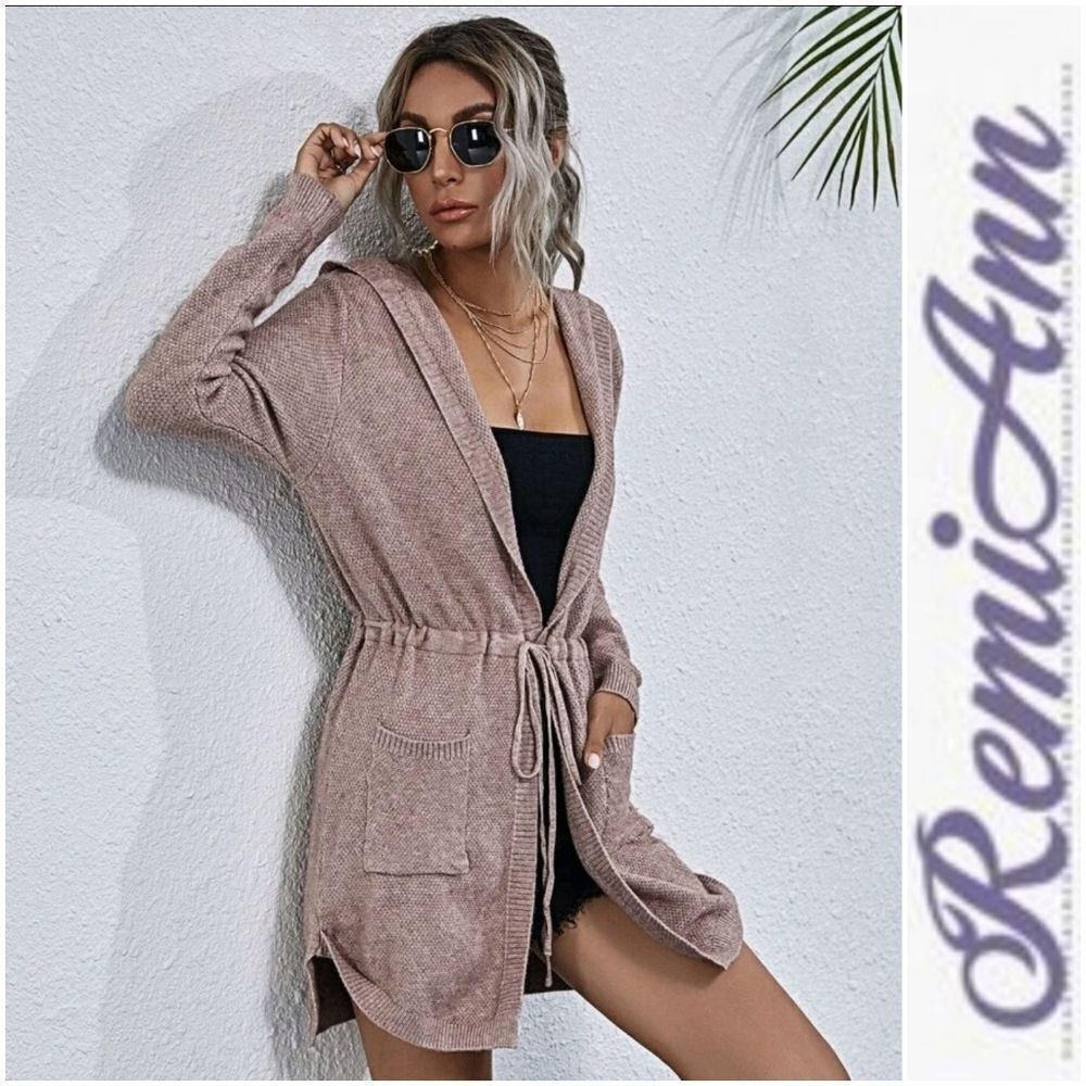 Hooded Drawstring Waist Cardigan